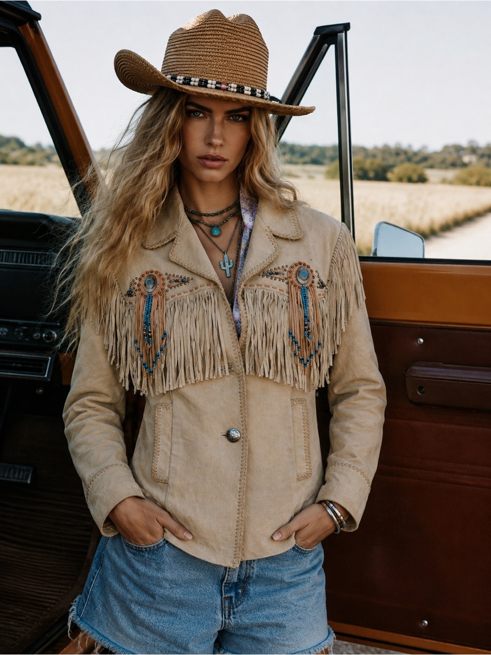 💎Cripple Creek Vintage Beaded Fringe Authentic Leather Suede Jacket Western